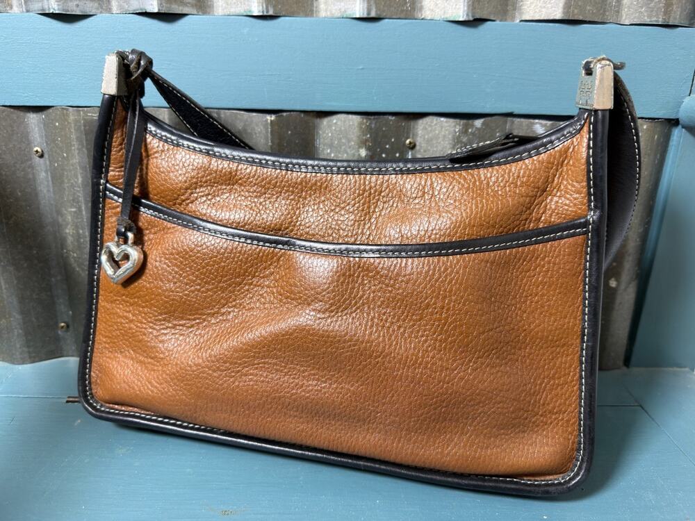 VTG 90s Brighton Leather Shoulder Bag Purse Tan Brown Black Two-Tone Heart Charm